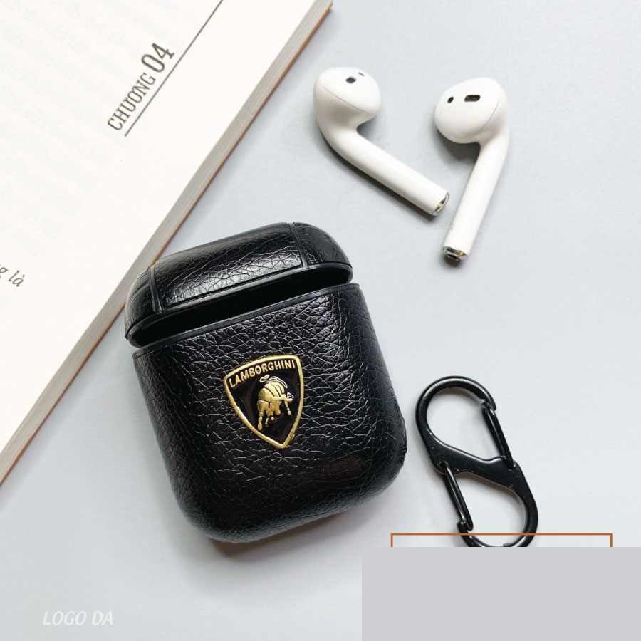 Case Airpods - Ốp Airpods 1/2 - giả da logo cực đẹp - Tặng kèm móc khóa inox (đen)