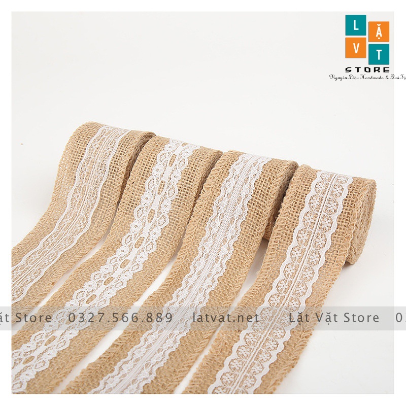 Ruy băng vải bố có ren trắng DIY trang trí, handmade, tiệc cưới, Giáng sinh làm từ sợi đay, ribbon Decor.