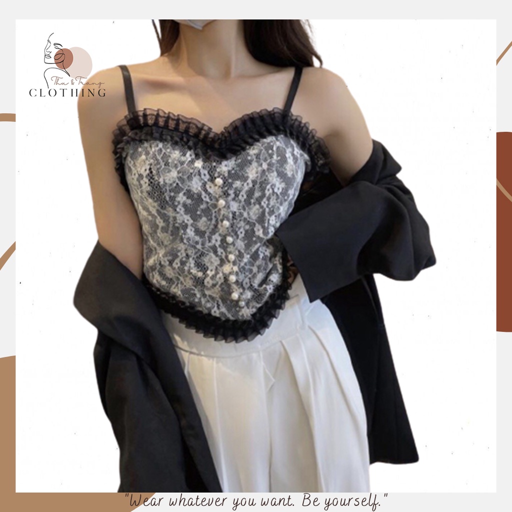 Áo Bra Hai Dây Croptop Phối Ren Họa Tiết Hoa Nhí, Áo Corset Lưng Chun Thoáng Mát