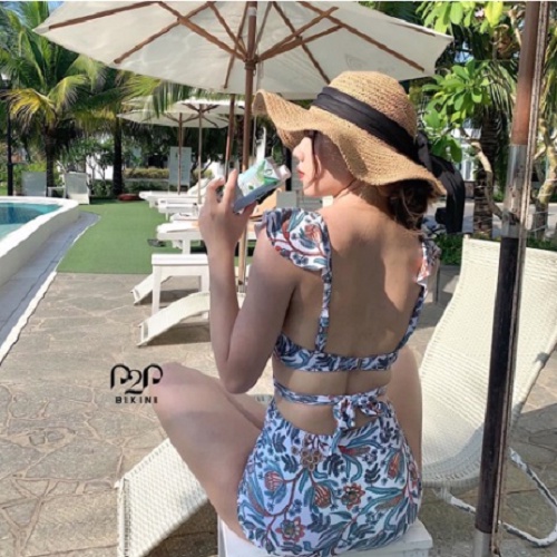 P2P BIKINI - Đồ bơi hai mảnh push up tay bèo, quần lưng cao trắng họa tiết hoa - BTK360HT_LC