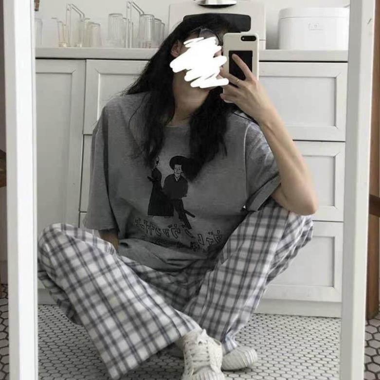 Bộ Áo Phông In Hình Quần Culottes Kẻ Ống Rộng + Set Áo Thun Cộc Tay In Hình Người Nhật Kèm Quần Dài