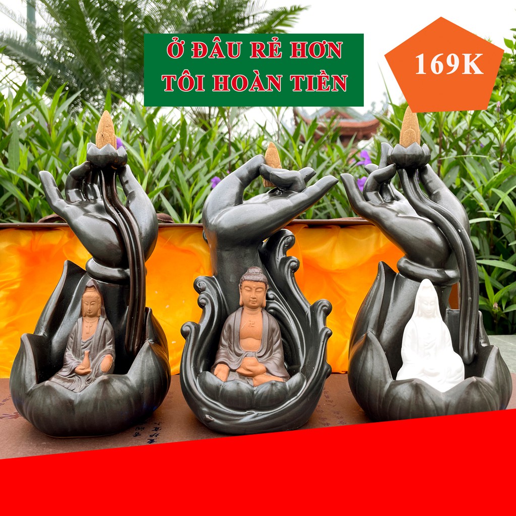 Thác Khói Trầm Hương Quan Âm Bồ Tát gốm sứ, đốt nụ trầm hương khói ngược
