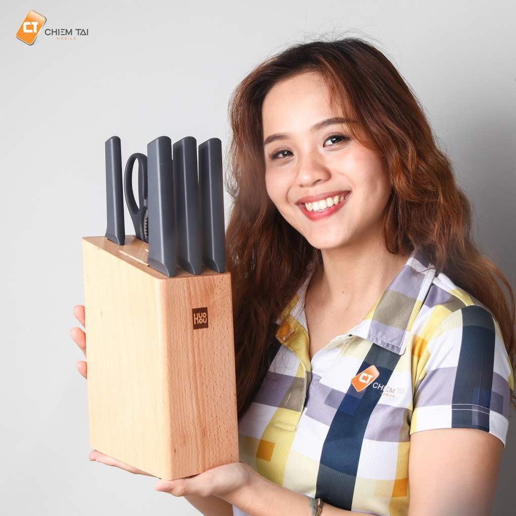 Bộ 6 món dao kéo bằng thép không gỉ kèm chân đế Huohou