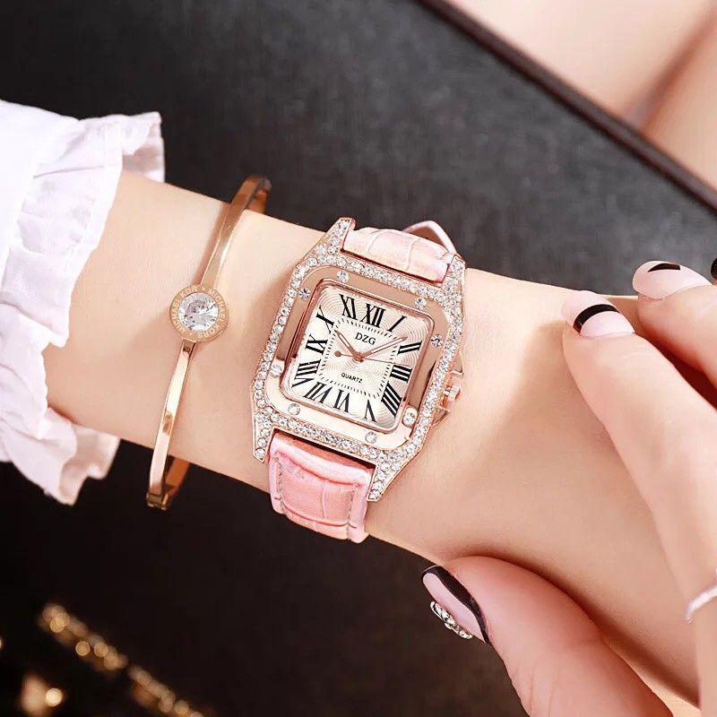 Đồng Hồ Nữ Thời Trang DZG Mặt Vuông Dây Da Đính Đá Sang Trọng | BigBuy360 - bigbuy360.vn