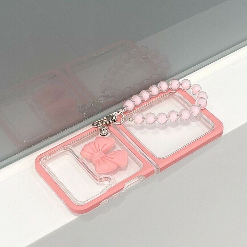 Ốp Samsung Z Flip5 - Z Flip 4- ZFlip3 - ZFlip4 5G viền hồng chống sốc có thể tháo rời kèm charm nơ và dây