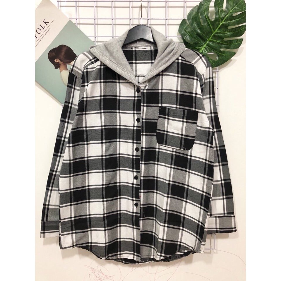ÁO KHOÁC SƠMI UNISEX SỌC CARO PHỐI NÓN XÁM  -J003/2