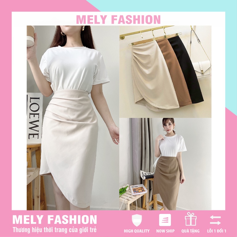 Chân váy Midi dài xẻ tà nhún eo giấu bụng phong cách sang trọng có bigsize Mely's Fashion CV21