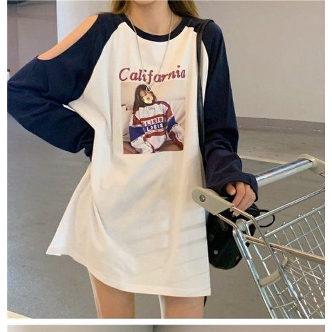 COZOK Áo Thun Tay Dài Trễ Vai Hoạ Tiết Chữ Thiết Kế Dáng Rộng Thoải Mái