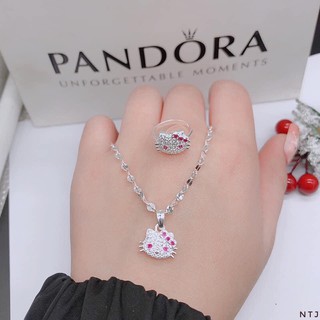 Set mèo kitty hồng cho bé - Gồm dây chuyền và nhẫn bạc ta
