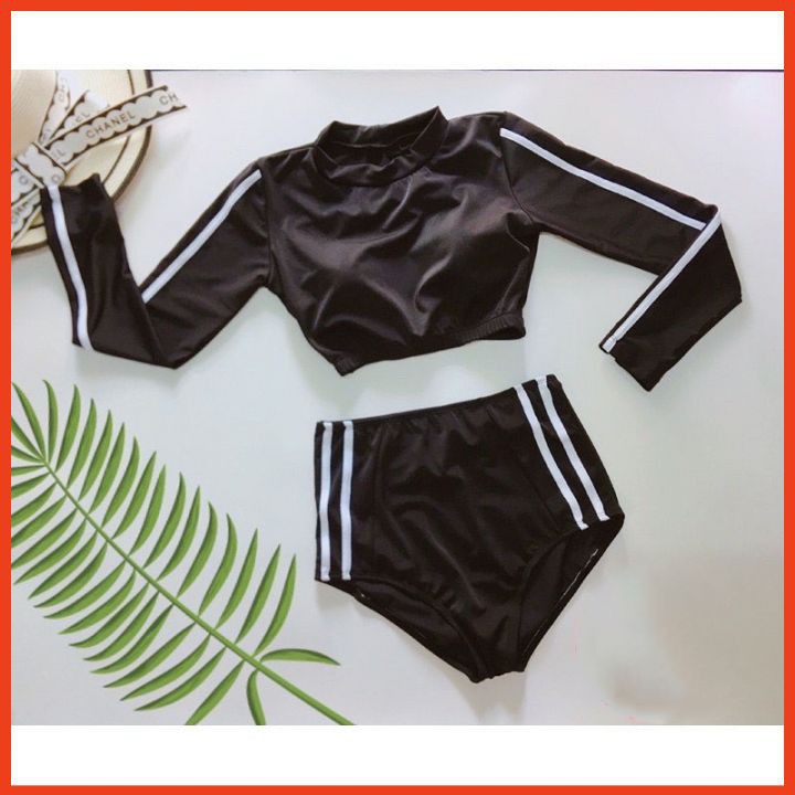 Bikini 2 Mảnh Dài Tay Kẻ Sọc Bộ Đồ Bơi Phối Màu Đơn Giản