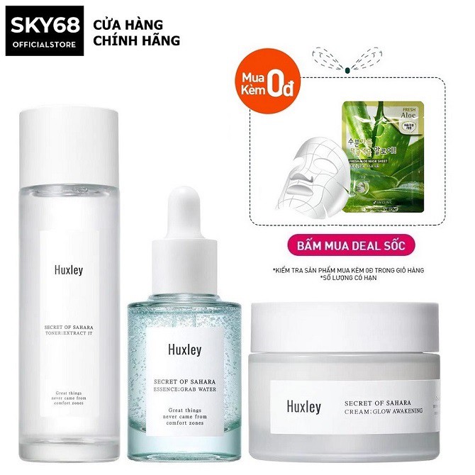 Bộ 3 Sản Phẩm Làm Sạch, Cấp Ẩm, Trắng Da Huxley (Toner Extract It 120ml + SR Grab Water 30ml + Kem Glow Awakening 50ml)