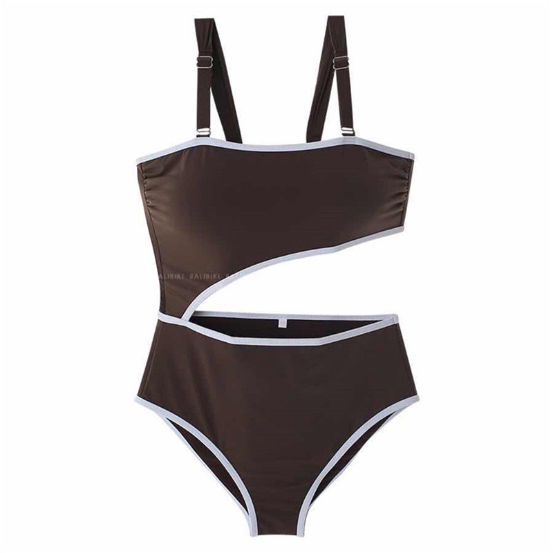 Bikini hotgirl cutout sexy 2 dây nâu tây kẻ viền trắng hè biển 2023 M06