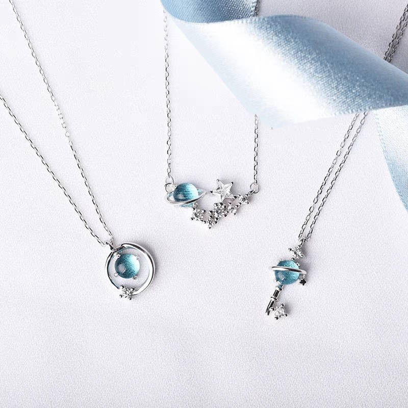 Dây chuyền hành tinh đá Aurora xanh ngọc ánh bạc + tặng kèm vỏ sò đựng dây - dùng làm quà tặng siêu xinh - PK024