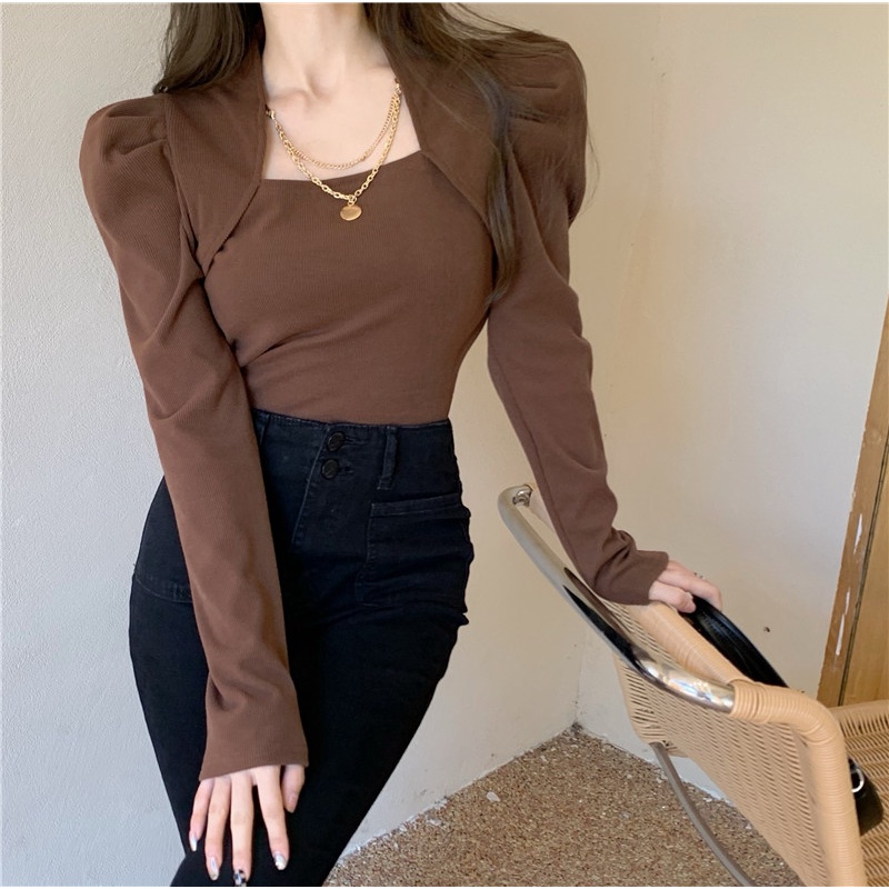 Áo kiểu tay phồng cổ vuông phối dây xích thời trang mùa thu dễ phối đồ