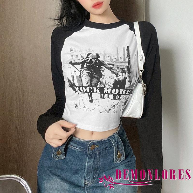 Demonlores-Y2K Áo Thun Tay Dài Cổ Tròn In Chữ Màu Trắng Đen Phong Cách Gothic Quyến Rũ Cho Nữ