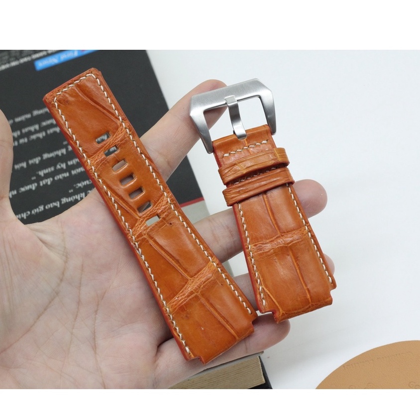 Dây Da Đồng Hồ Nam BELL&amp;ROSS, Dây Đồng Hồ Da Cá Sấu Hoàn Thiện Thủ Công Cao Cấp Màu Cam SIZE 24mm, Bảo Hành 6 Tháng