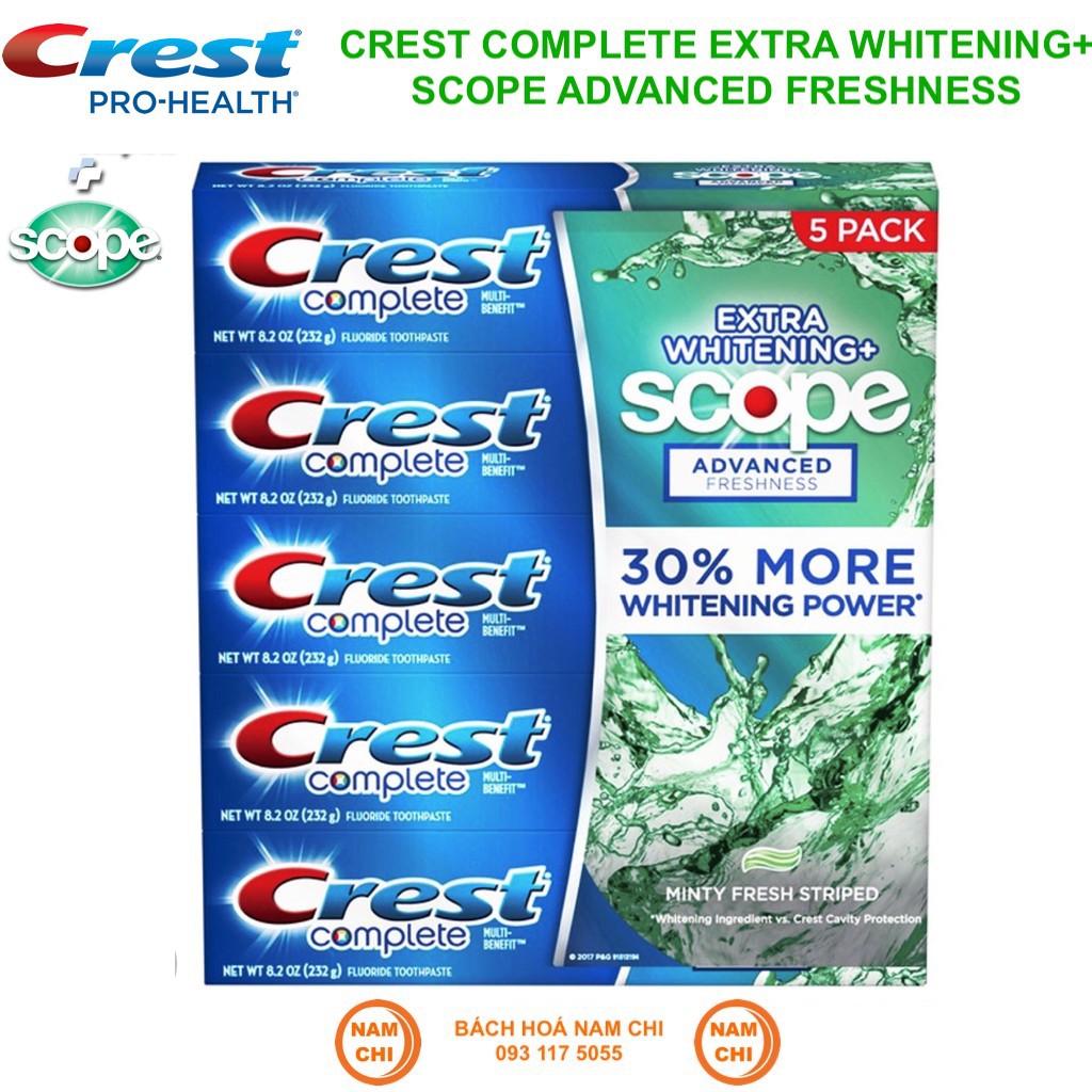 [1 Tuýp] Kem Đánh Răng Crest Complete Extra Whitening+ Scope Advanced Freshness Mỹ 232g