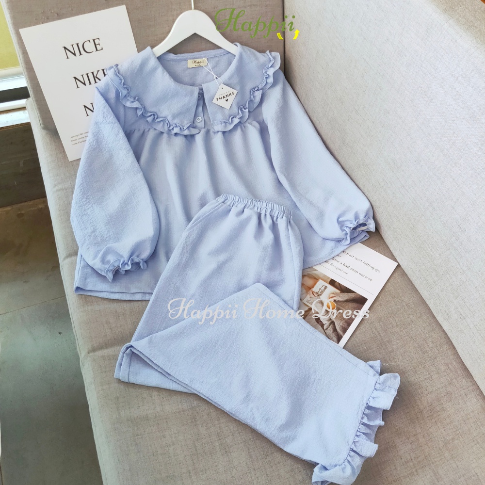 Đồ bộ nữ quần dài Happii chất đũi xốp thoáng mát form rộng phong cách tiểu thư