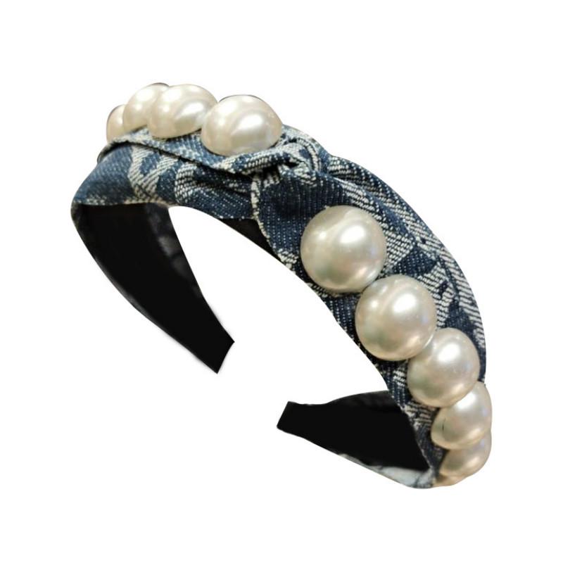 Băng Đô Vải Denim Đính Ngọc Trai Nhân Tạo Thời Trang Sang Trọng