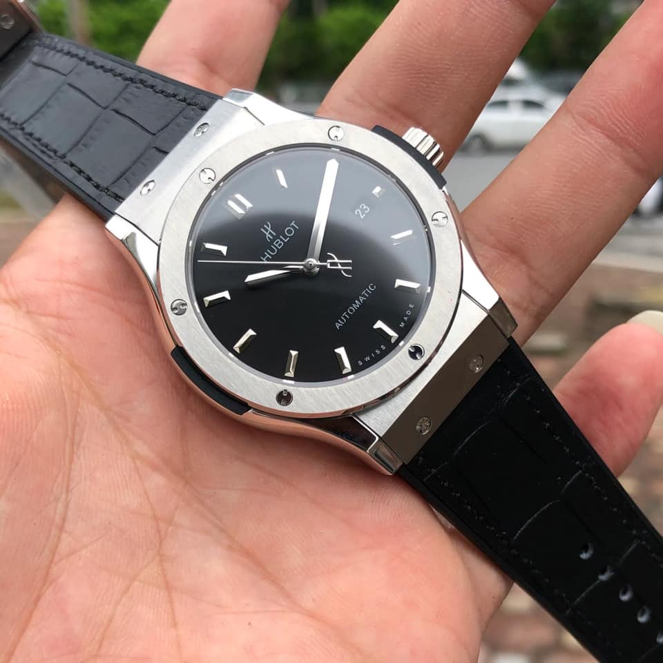 Đồng hồ Hu-blot Nam Automatic Nhật  mặt đen vỏ trắng size  42mm dây cao su bọc da | BigBuy360 - bigbuy360.vn