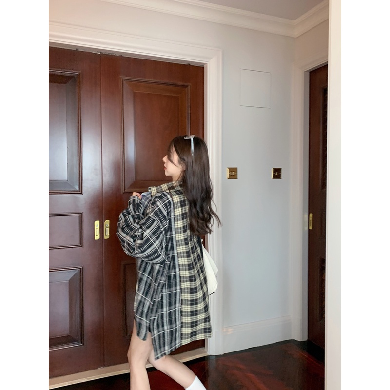 Áo Sơ Mi Nữ Tay Dài Dáng Rộng Họa Tiết Caro Phong Cách Retro