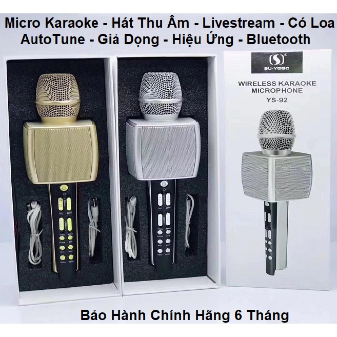 Micro Magic Karaoke YS-92 - Micro Karaoke kèm Loa Bluetooth 3 trong 1 - Thu Âm - Live stream - Karaoke online - Loa Hay