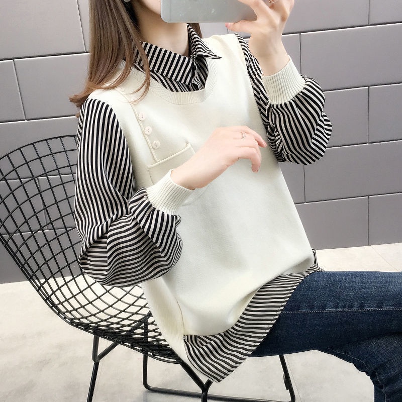 Áo Sơ Mi Tay Dài Dáng Rộng Giả Hai Lớp Thời Trang Cá Tính Cho Nữ