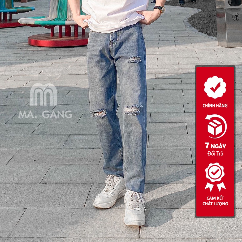 Quần jean nam baggy rách gối, ống rộng dáng đứng chất bò cao cấp MaGang