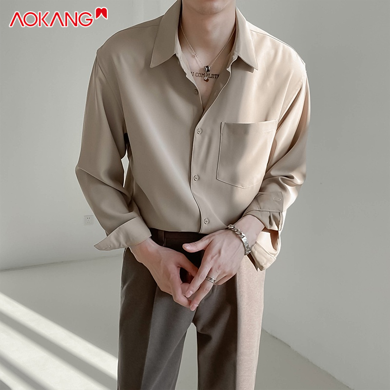 Áo sơ mi AOKANG tay dài dáng rộng màu sắc đơn giản cao cấp thời trang dành cho nam