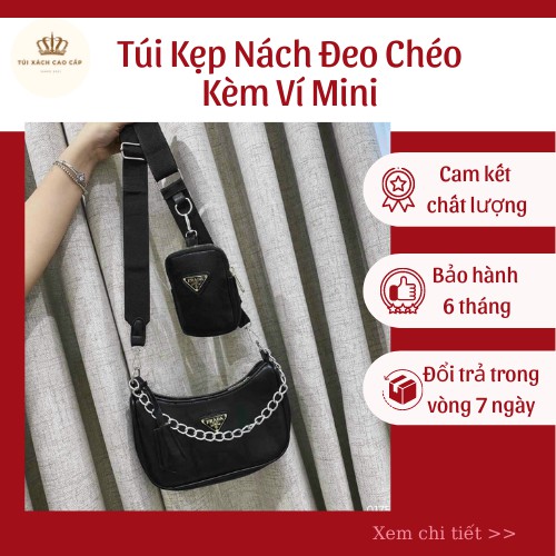 Túi Xách Đeo Chéo Kẹp Nách Cao Cấp Prada TẶNG KÈM VÍ MINI, Vải Dù Cao Cấp 2 Dây - Size 24