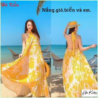 Đầm maxi vàng cổ yếm dập ly Hakieu Msp033 ( hình sàn chụp thật)