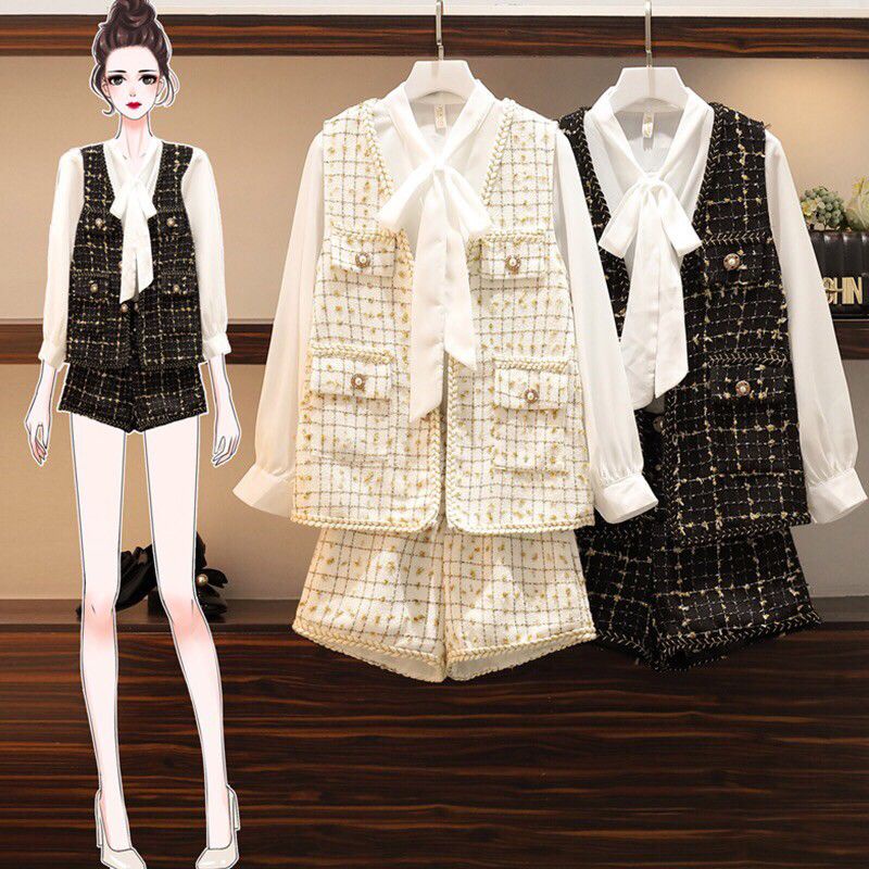 Áo gile và quần màu đen nhũ vải dạ tweed