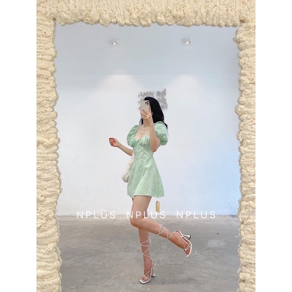 Florence - Đầm vải xô hoạ tiết hoa chìm nhún ngực tay bồng