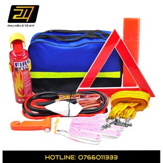 Bộ cứu hộ Ô tô 7 món bao gồm bình cứu hoa, dây sạc ắc quy, dây kéo ô tô,...