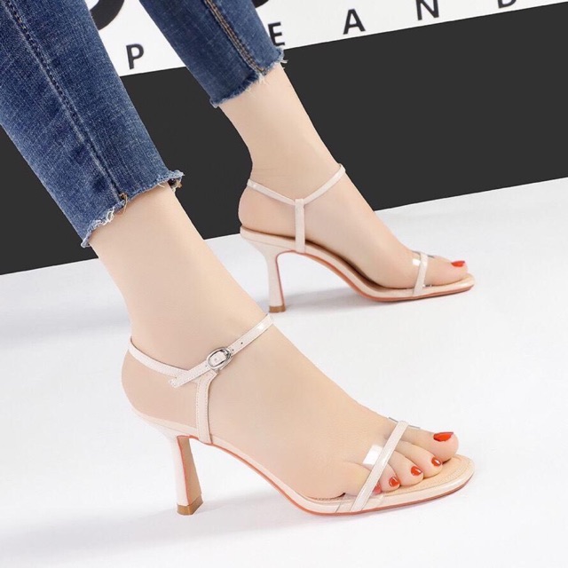 Giày sandal cao gót nhọn 7p quai trong phối dây mảnh màu