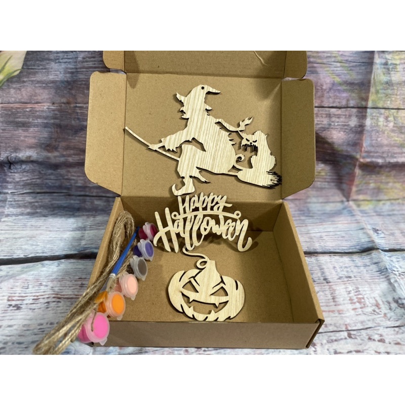 Set chưa tô màu  Halloween bằng gỗ decor phong cách Rustic cho bé thỏa sức sáng tạo, trang trí nhà cửa