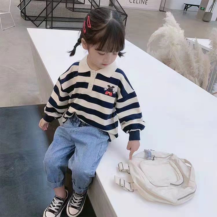 [Babycat] Hàng Có Sẵn Áo Thun polo Tay Dài Kẻ Sọc Phong Cách Nhật Bản Hàn Quốc Cho Bé Gái