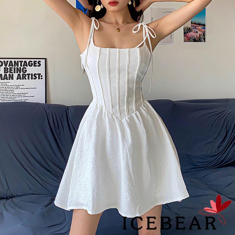 Đầm Hai Dây Dáng Chữ A Lưng Cao Màu Trơn Họa Tiết Kẻ Sọc Đính Nơ Cho Nữ