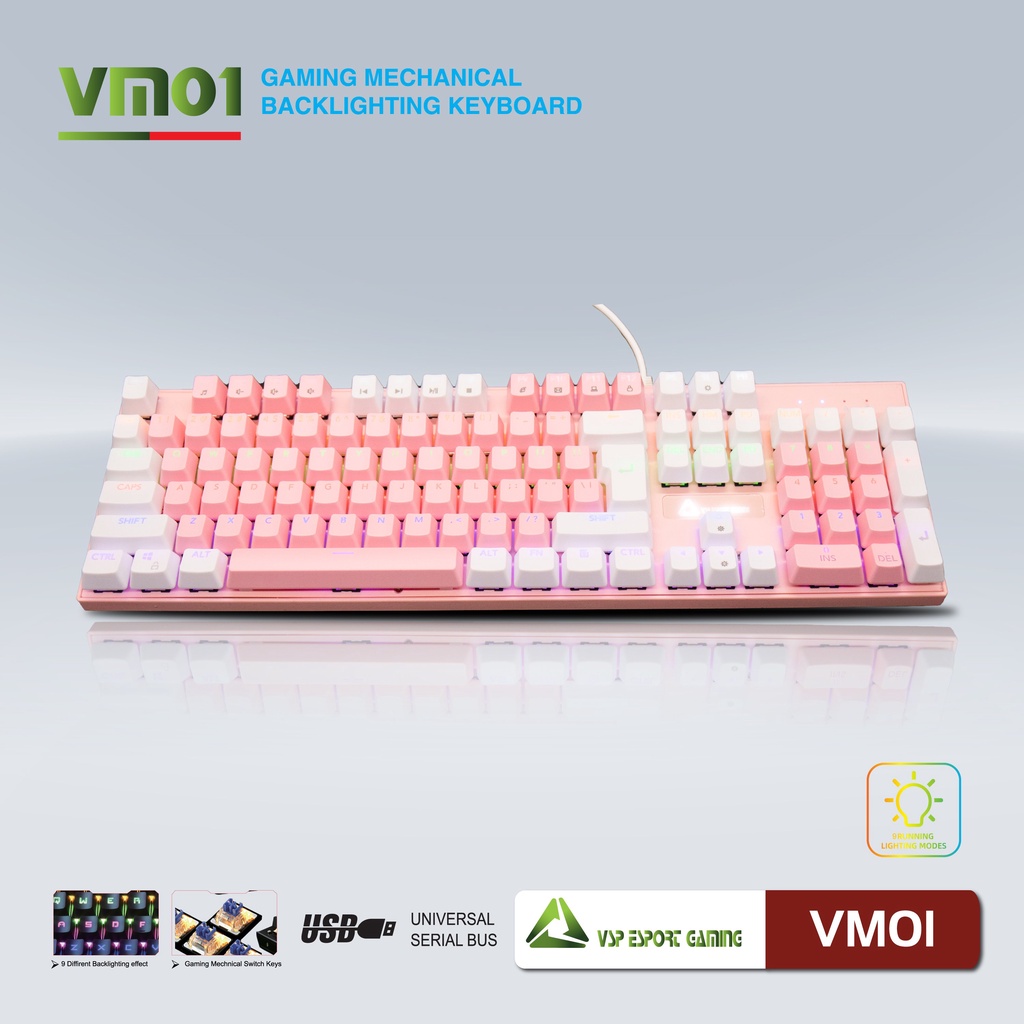 Bàn phím Cơ Gaming VSP Esport VM01 - 13 chế độ Led, Anti Ghost 25 phím - Hãng phân phối