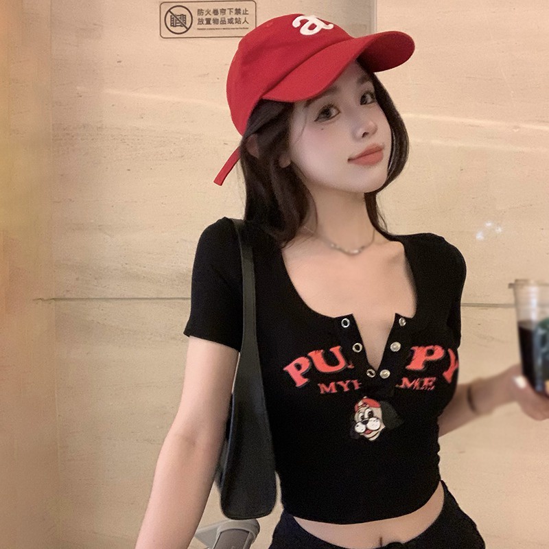 Áo Thun Tay Ngắn Dáng Ôm Cổ Chữ U Phối Nút Thời Trang Cho Nữ