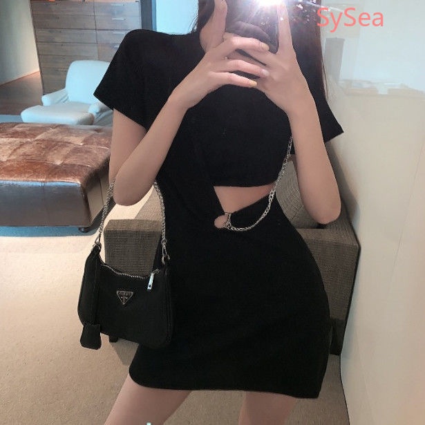 Đầm tay ngắn màu đen thiết kế cá tính thời trang mùa hè dành cho nữ