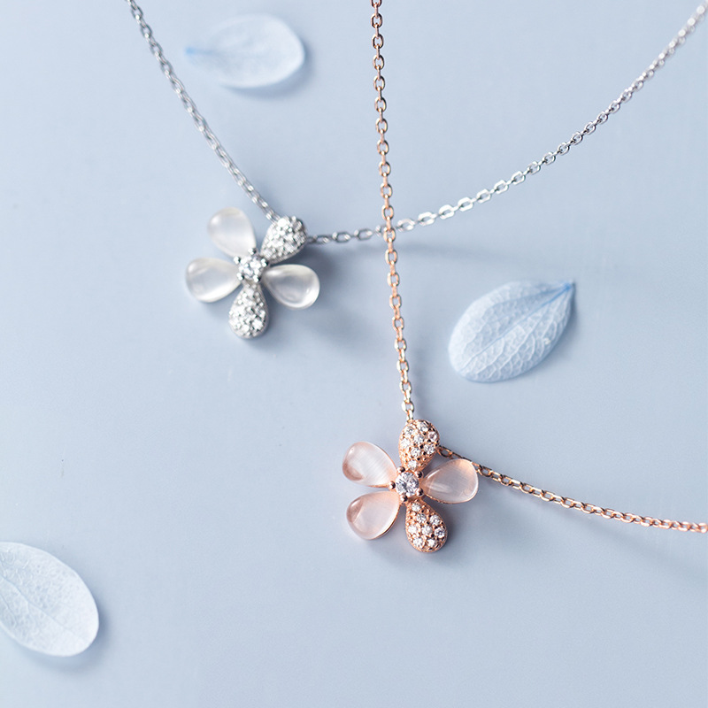 925 Sterling Silver Necklace with Simple Opal Petals