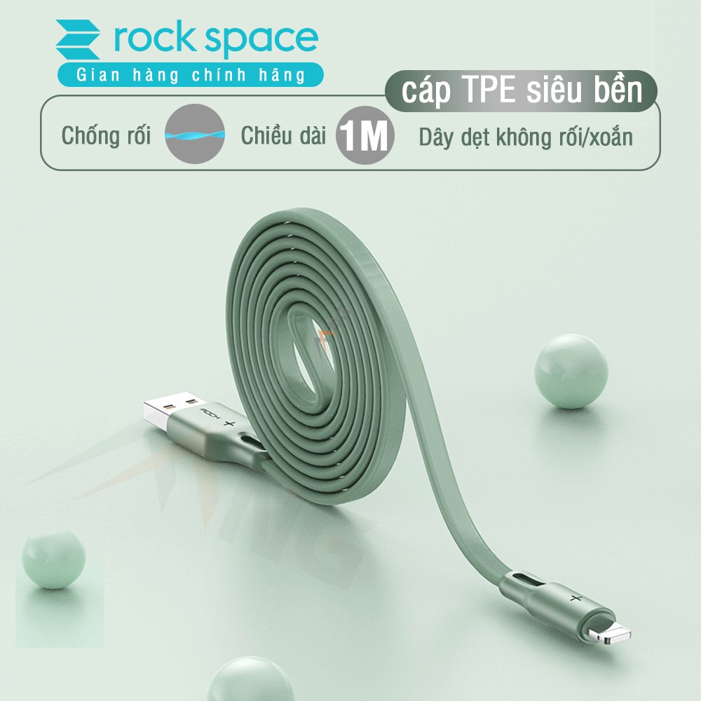 Dây cáp sạc iphone Rockspace S1, nhanh, ổn định, không nóng máy, dẹt, độ dài 1m,  chính hãng bảo hành 12 tháng