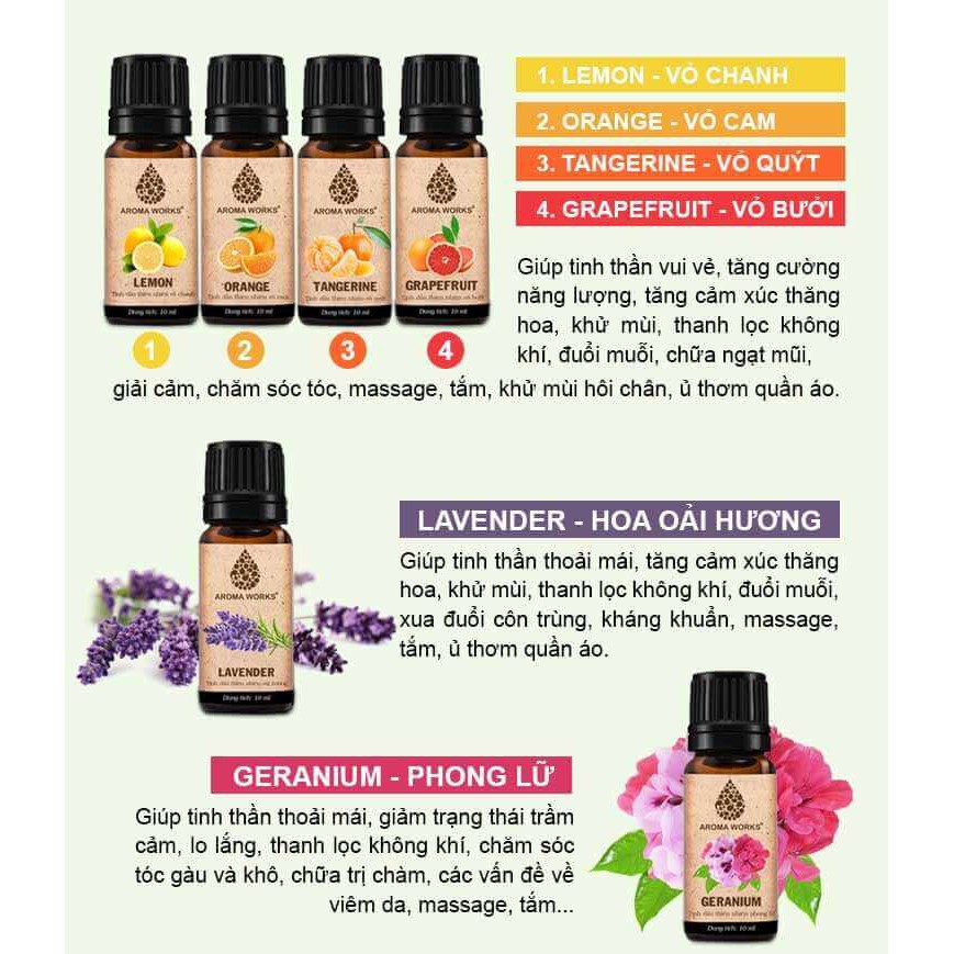 Combo 3 Tinh Dầu Nguyên Chất Aroma Works: Tinh Dầu Sả Chanh (10ml) + Tinh Dầu Gỗ Thông (10ml) + Tinh Dầu Vỏ Cam (10ml)