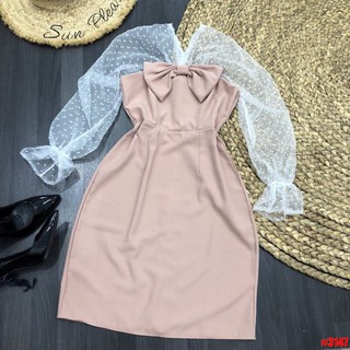 Đầm nơ ngực phối ren 2 màu