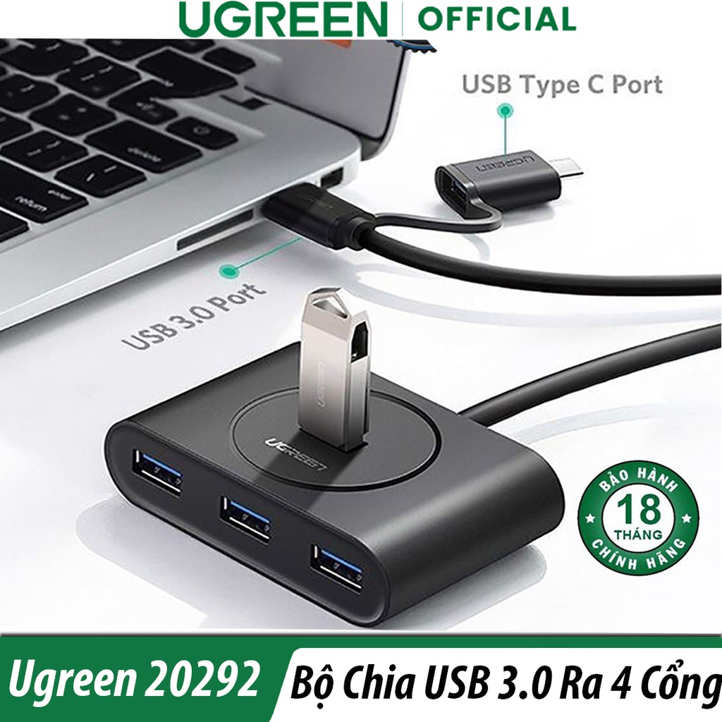 Bộ Chia Tín Hiệu USB 3.0 4 Công Hỗ Trợ OTG Ugreen 20292 Chính Hãng