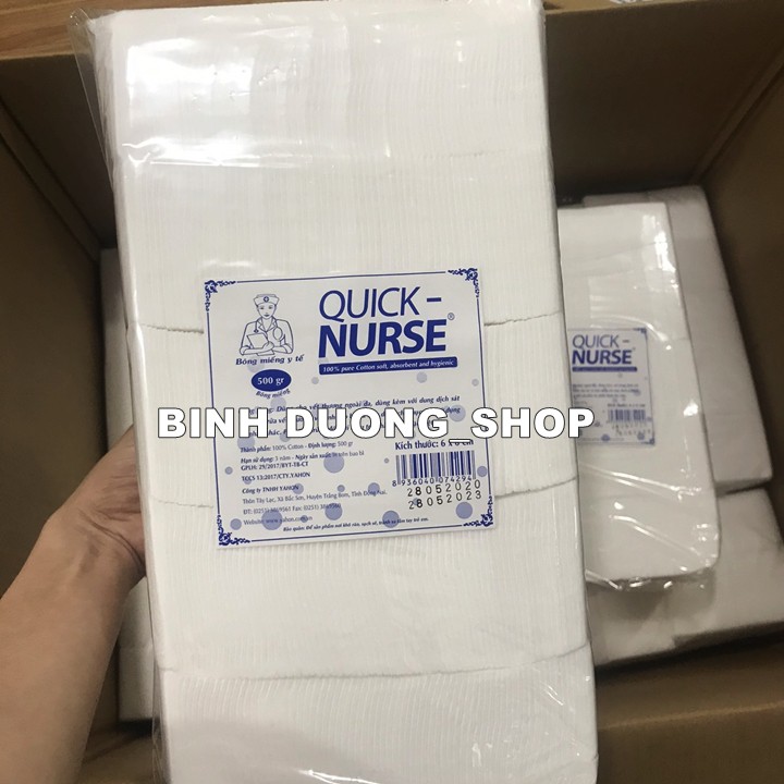 Bông Gòn y tế cắt sẵn Quick Nurse dùng cho spa , Bông gòn cắt 6x6 cm, bịch 500gr dùng trong thẩm mỹ,spa