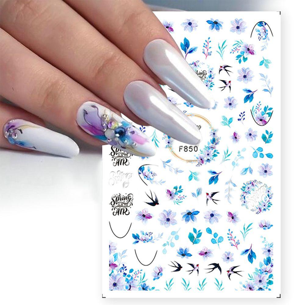 [Hàng mới về] Decal dán trang trí móng tay hình hoa lá mùa xuân anh đào lá lam hình học 3D DIY