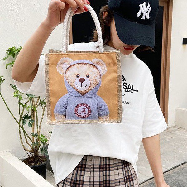 Túi Xách Đan Cói Nhỏ Gọn Hình Gấu Dễ Thương
