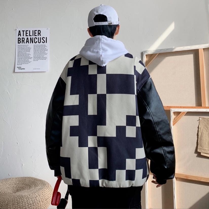 Áo Khoác bomber Một Hàng Nút Tay Dài Dáng Rộng Họa Tiết Caro Đơn Giản Thời Trang Phong Cách Hàn Quốc Cho Nam Và Nữ